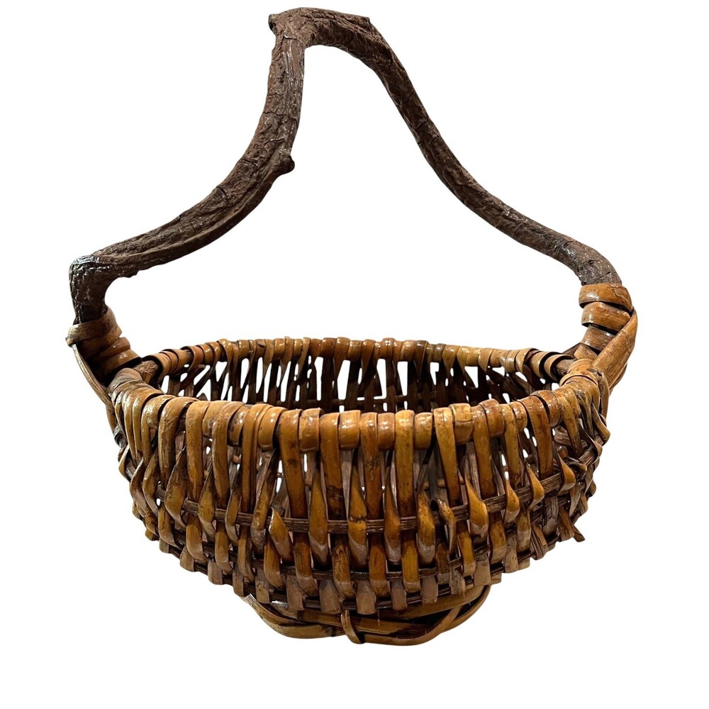Rustic Woven Basket Grapevine or Root Handle Oval Asymmetrical Primative - Picture 2 of 8
